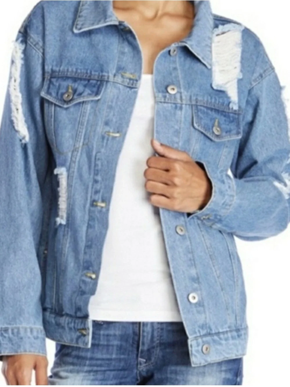 Love Tree Size S Blue Distressed Long Sleeve Denim Jacket Hip Length